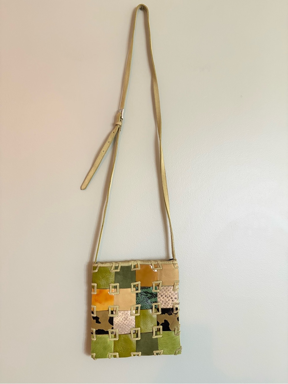 Luisa Spagnoli VTG Leather Patchwork Crossbody Bag Boho 70s Retro Luxury 8"